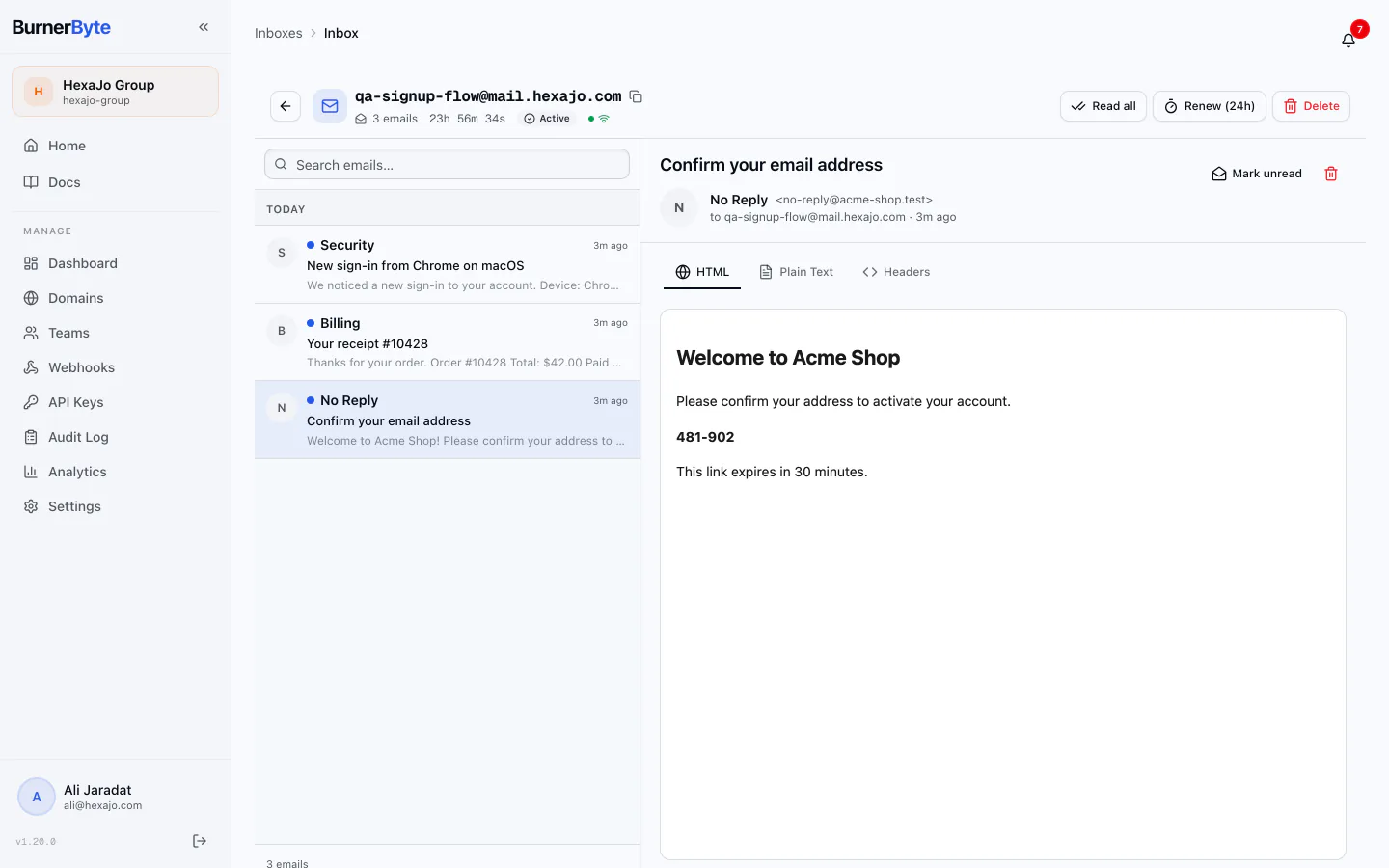 Email reader — HTML, plain text and raw headers, with attachments from your own store.
