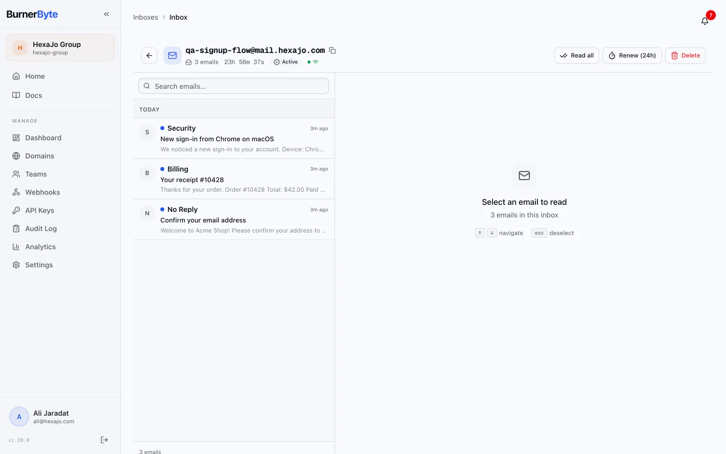 Live inbox — Mail lands over WebSocket. No polling, no refresh button to find.